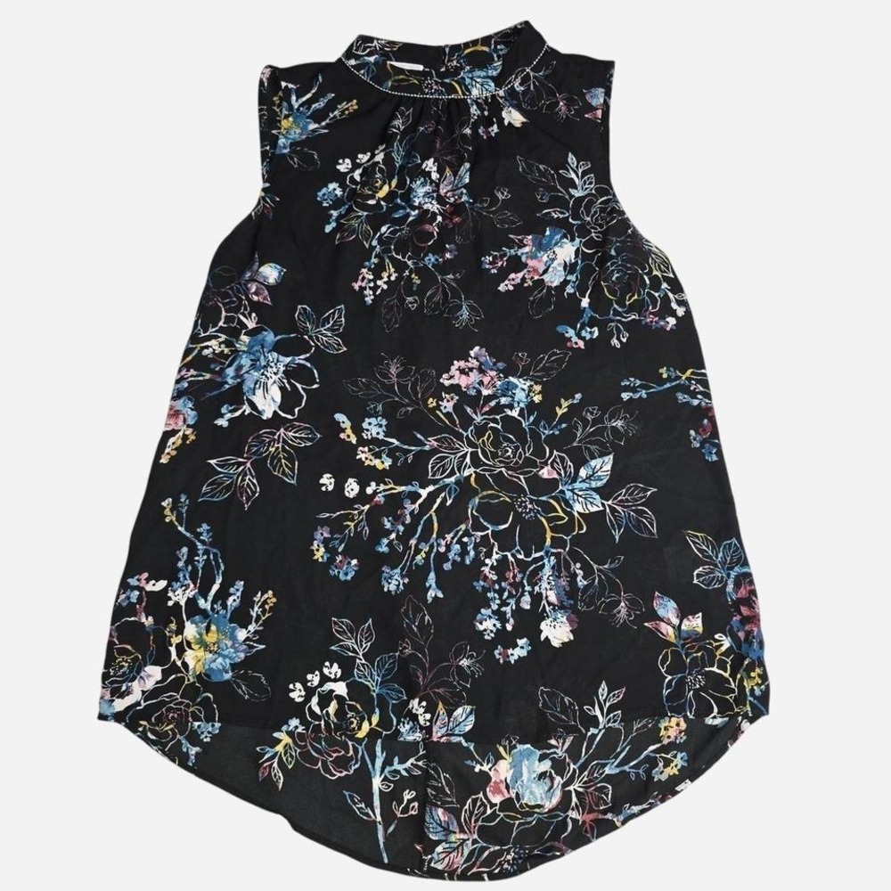Jaclyn Smith Floral Mock Neck‎ Sleeveless Blouse Black Blue Beaded Trim Small